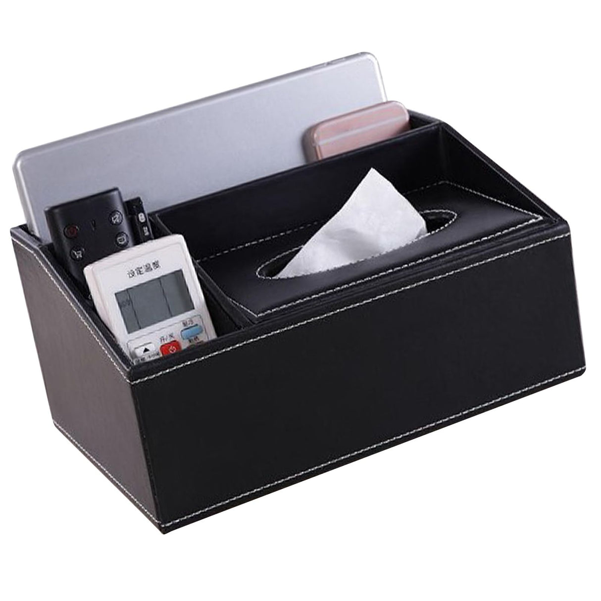 Multifunction Tissue Box Black Multiple Compartments Durable PU Leather Rectangular Tissue Box Cover for House Office