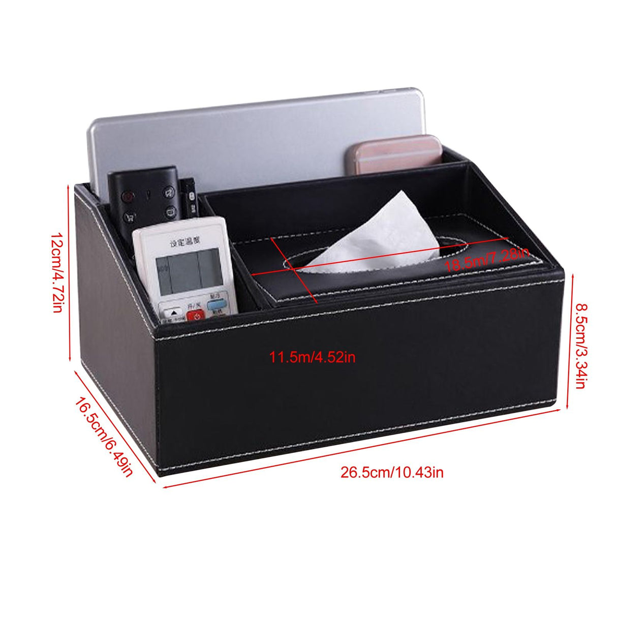 Multifunction Tissue Box Black Multiple Compartments Durable PU Leather Rectangular Tissue Box Cover for House Office
