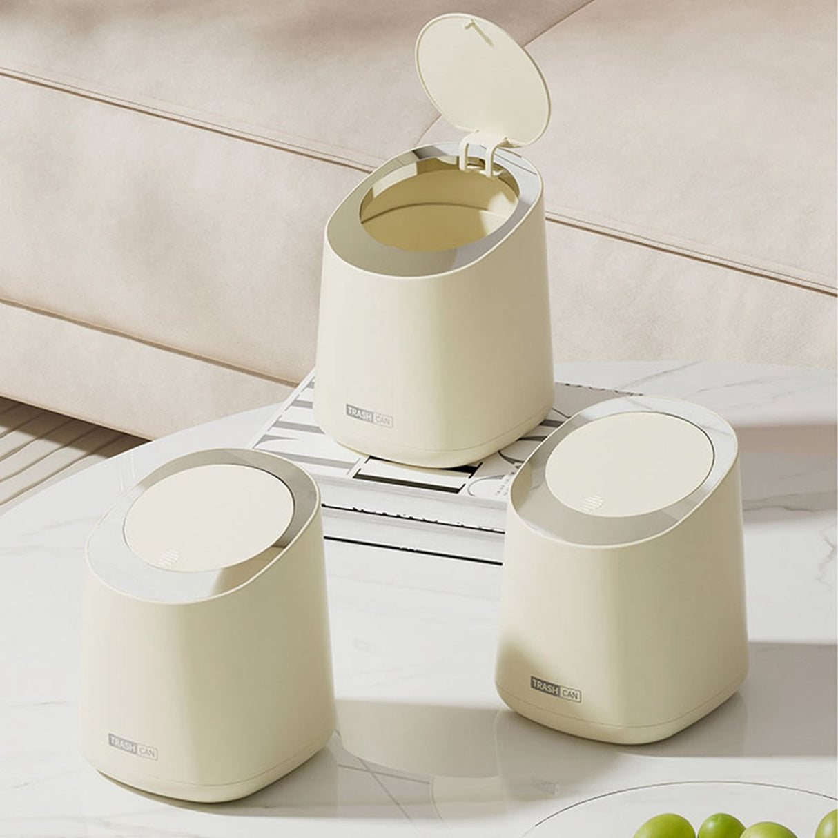 Mini Countertop Garbage Can Small Plastic Countertop Wastebasket Waste Can with Press Type Lid for Bathroom Bedroom Living Room Dressing Table Cream White