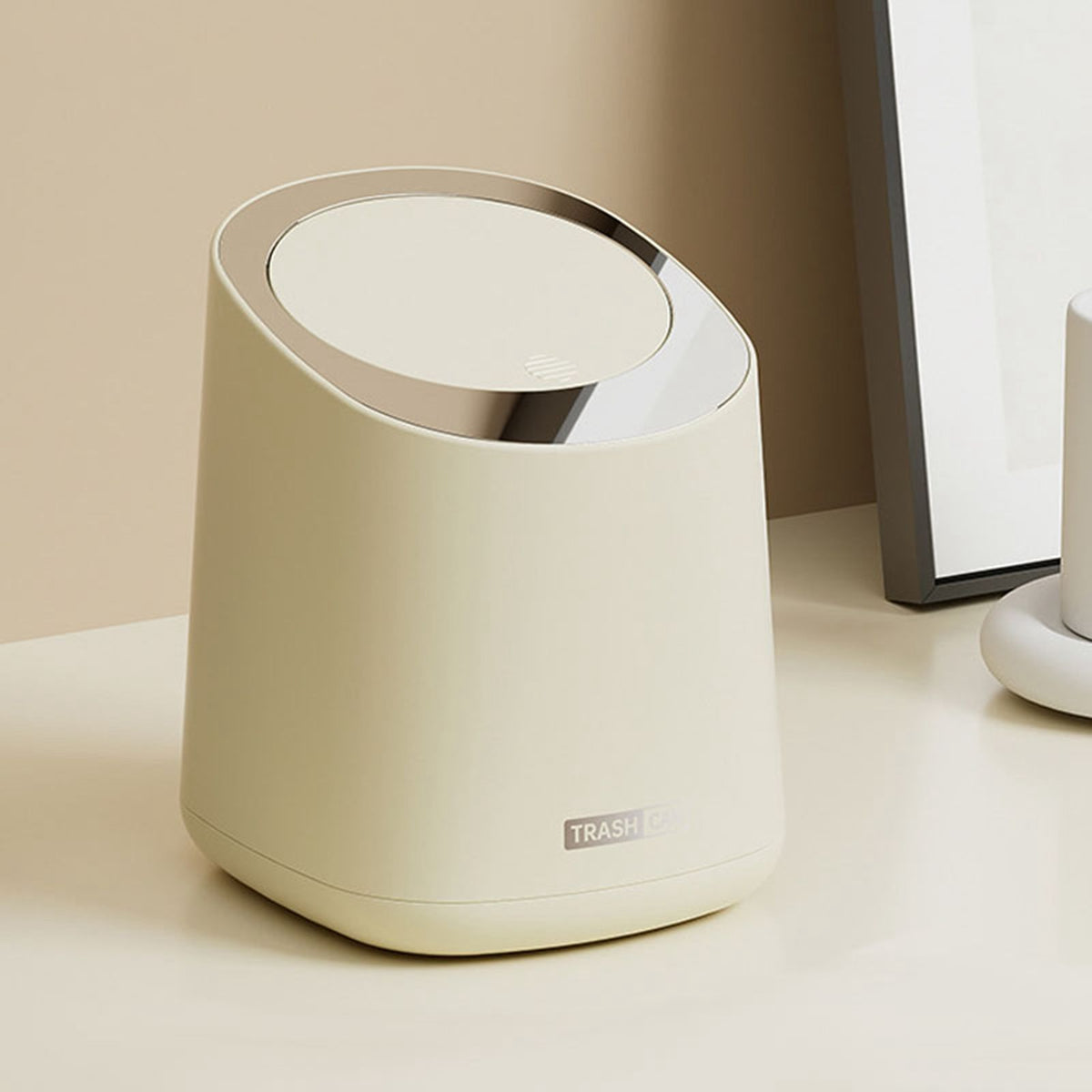 Mini Countertop Garbage Can Small Plastic Countertop Wastebasket Waste Can with Press Type Lid for Bathroom Bedroom Living Room Dressing Table Cream White