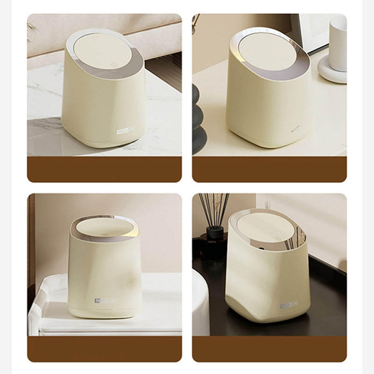 Mini Countertop Garbage Can Small Plastic Countertop Wastebasket Waste Can with Press Type Lid for Bathroom Bedroom Living Room Dressing Table Cream White