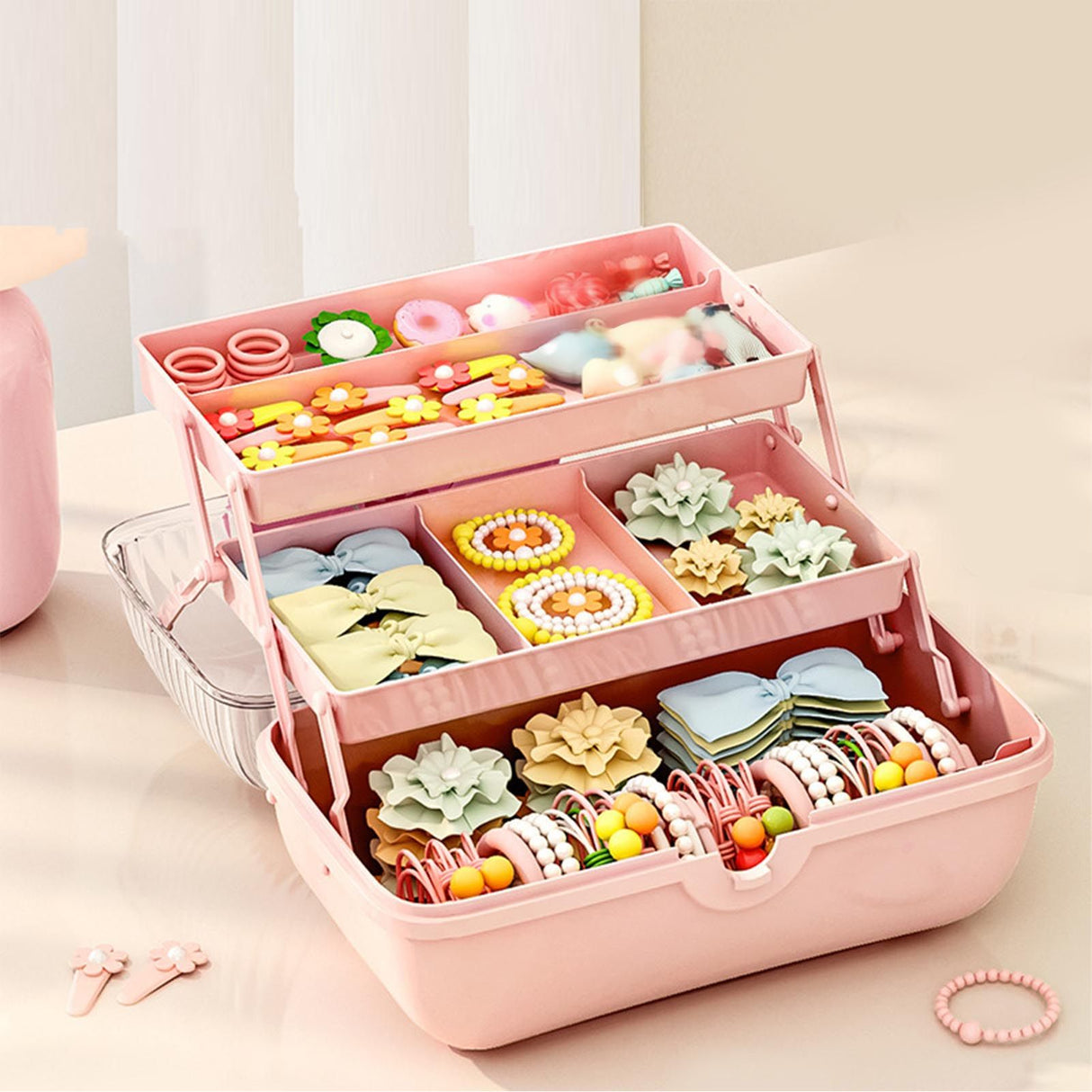 3 Tiers Desktop Storage Box Clear Cover Large Capacity Multi Grids Desk Organization Container for Kids Toys Pink