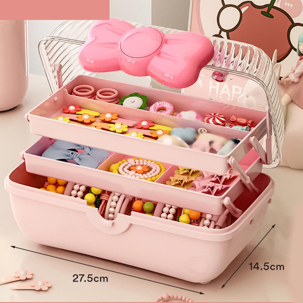 3 Tiers Desktop Storage Box Clear Cover Large Capacity Multi Grids Desk Organization Container for Kids Toys Pink