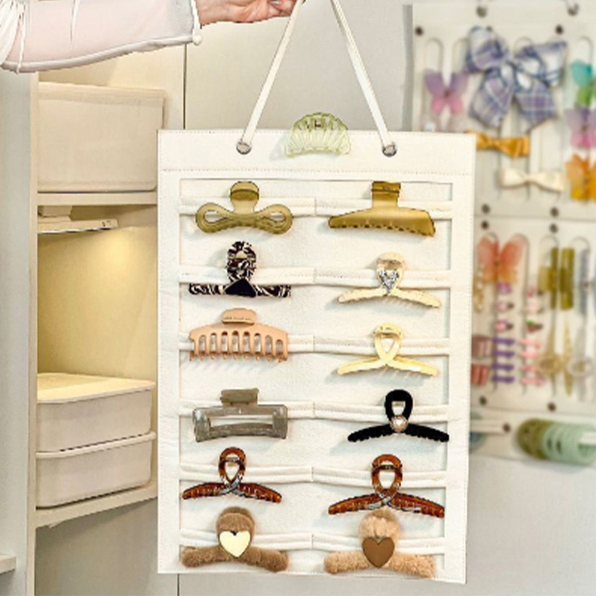 Wall Hanging Storage Bag Kids Hairpin Claw Holder Felt Display Organizer for Jewelry Hair Accessories Horizontal