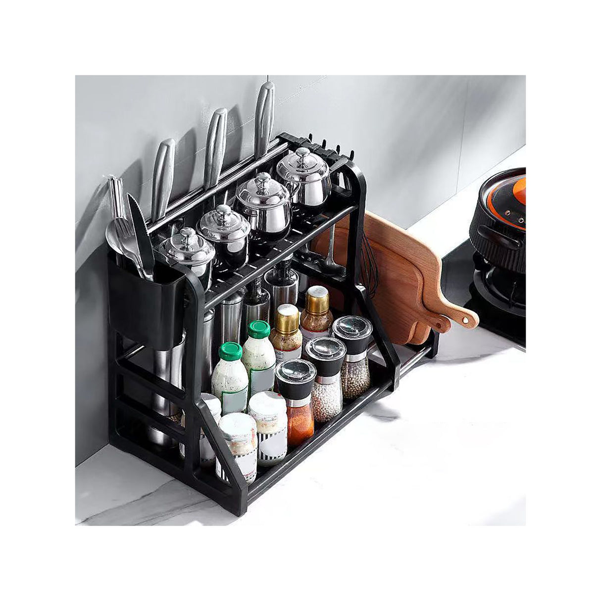 Kitchen Storage Rack Moveable Corner Shelf Spice Rack Double Layers Multifunctional Knife Stand Black