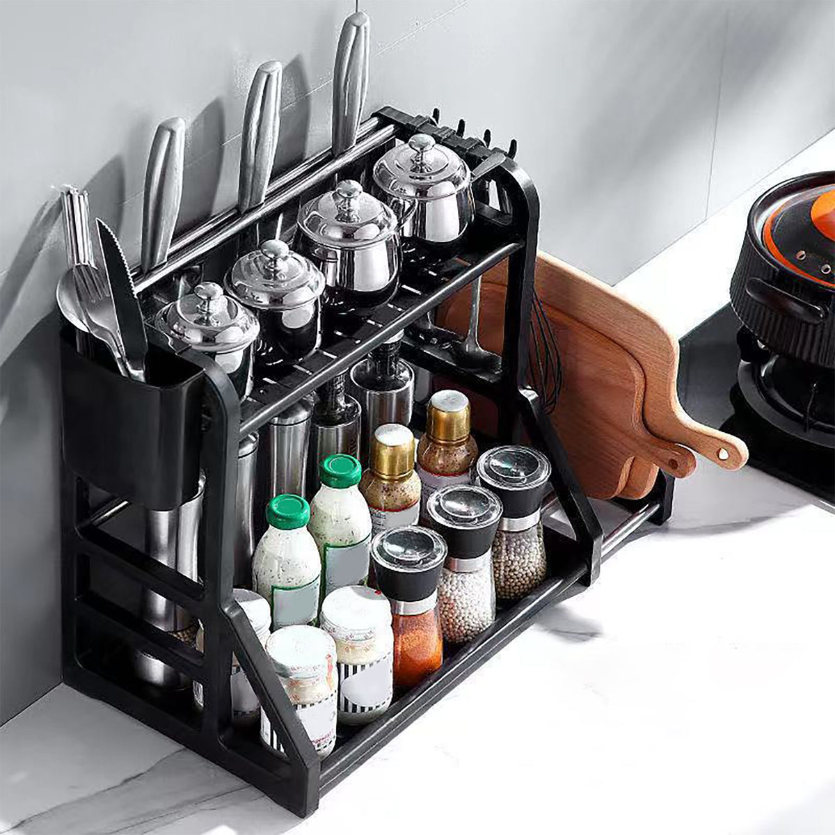 Kitchen Storage Rack Moveable Corner Shelf Spice Rack Double Layers Multifunctional Knife Stand Black