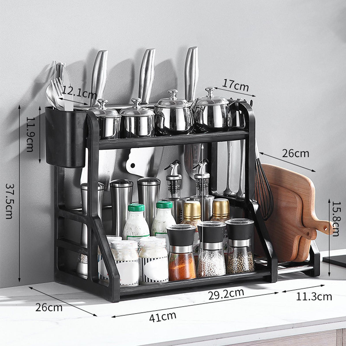 Kitchen Storage Rack Moveable Corner Shelf Spice Rack Double Layers Multifunctional Knife Stand Black