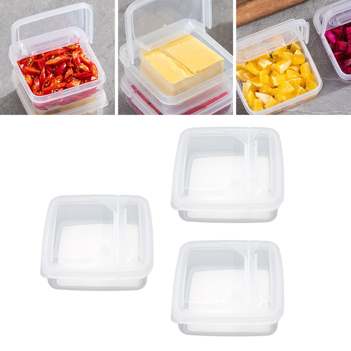 3Pcs Flip Lid Cheese Container Transparent Clear PP Food Storage Box Case for Fridge