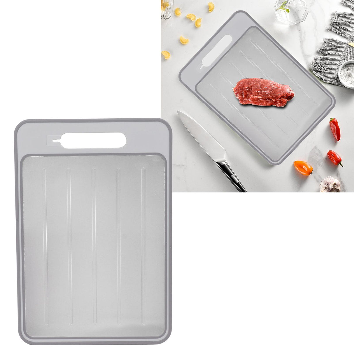 Double Sided Cutting Board Rapid Thawing and Grinding Plate with Knife Sharpener for Kitchen Grey