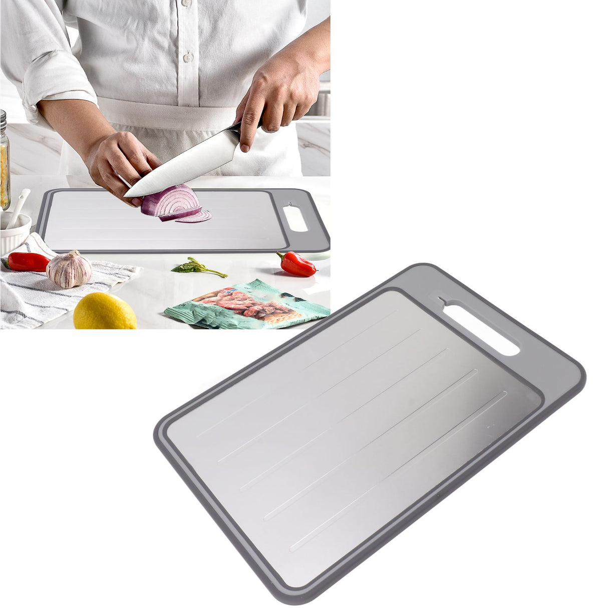 Double Sided Cutting Board Rapid Thawing and Grinding Plate with Knife Sharpener for Kitchen Grey