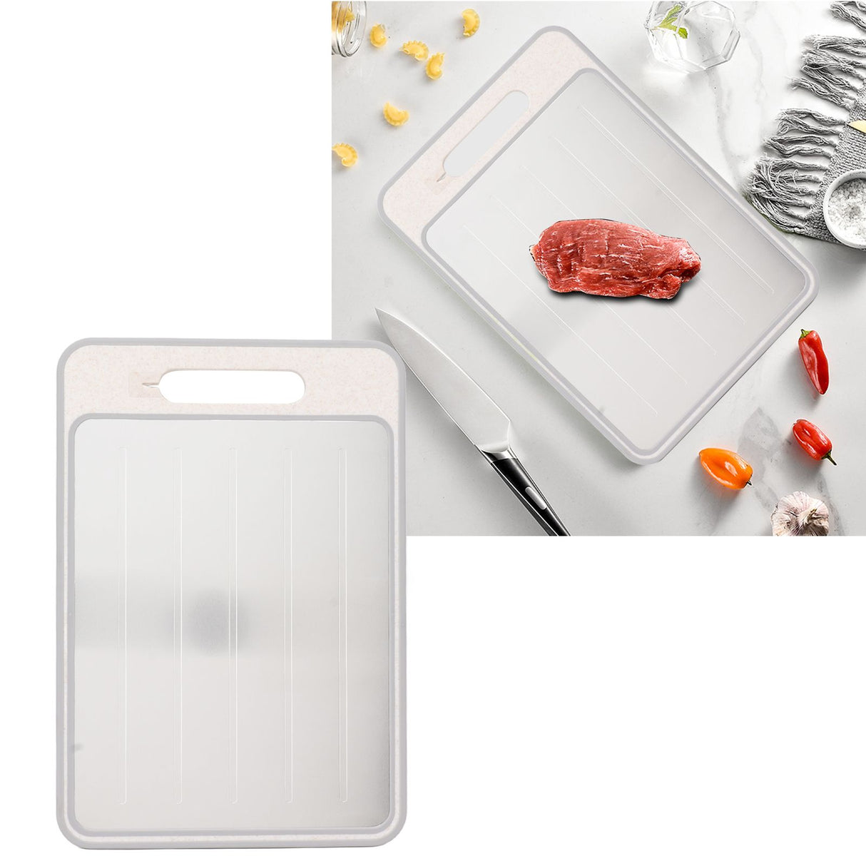 Double Sided Cutting Board Rapid Thawing and Grinding Plate with Knife Sharpener for Kitchen Khaki