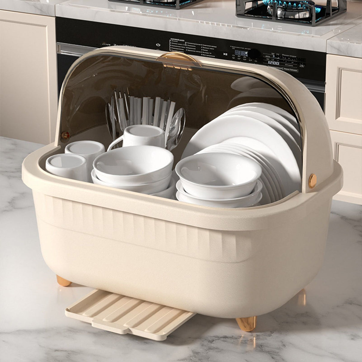 Dish Drying Box Multifunctional Space Saving Dish Drainer with Lid Cover for Kitchen Accessories Apricot M