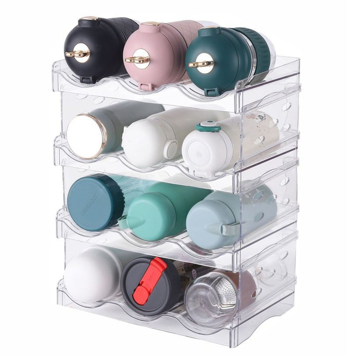 Transparent Water Bottle Organizer 4 Pack Stackable Plastic Water Bottle Cup Holder Detachable Kitchen Pantry Organization Storage Shelf for Cabinet
