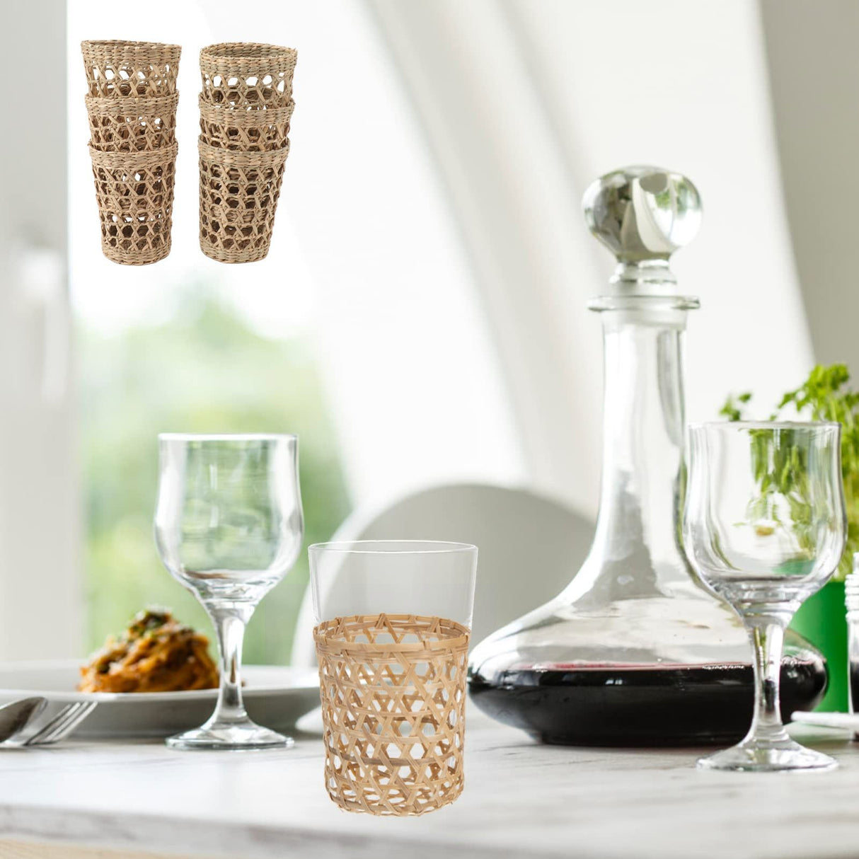 6 PCS Woven Cup Holders Anti Scald Hollow Straw Woven Glass Cup Sleeve for Glass Bottles Plastic Cups Mugs