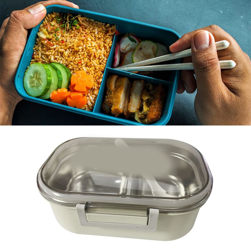 Stainless Steel Lunch Box Korean Style 2 Compartment Bento Box Metal Food Container for Kids Adults Pupils Office Workers Beige