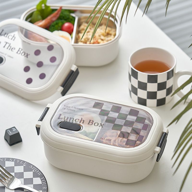 2 Compartment Bento Box Heat Preservation Stainless Steel Interlayer Lunch Box Airtight Portable Food Storage Containers for School Office Dot