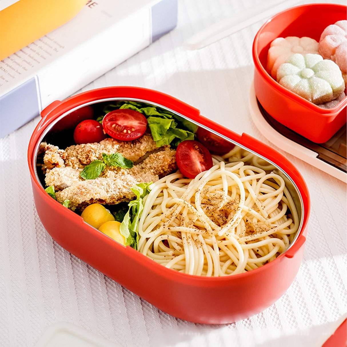 Lunch Box 2 Tier 3 Compartment Large Capacity Microwavable Cute Portable Bento Lunch Box Red