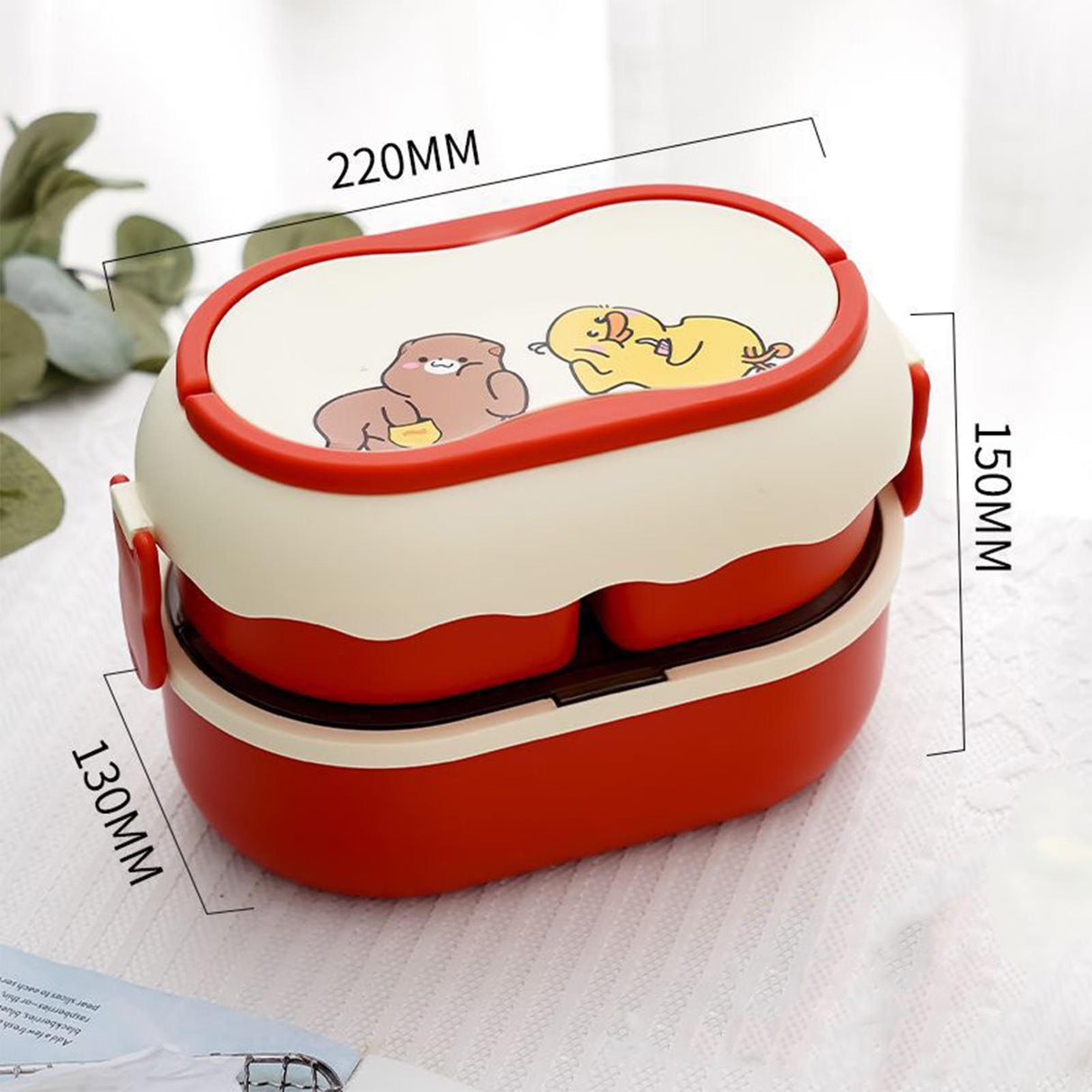 Lunch Box 2 Tier 3 Compartment Large Capacity Microwavable Cute Portable Bento Lunch Box Red