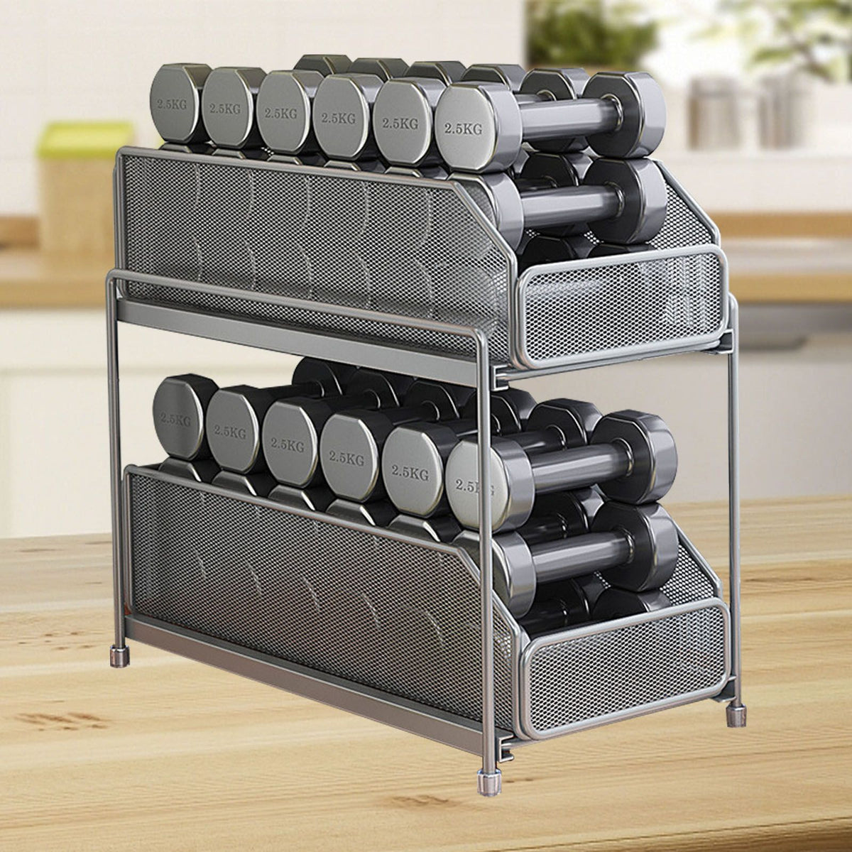 Pull Out Cabinet Organizer 2 Tier Carbon Steel Mesh Large Capacity Easy Maintenance Sliding Basket Drawer Silver