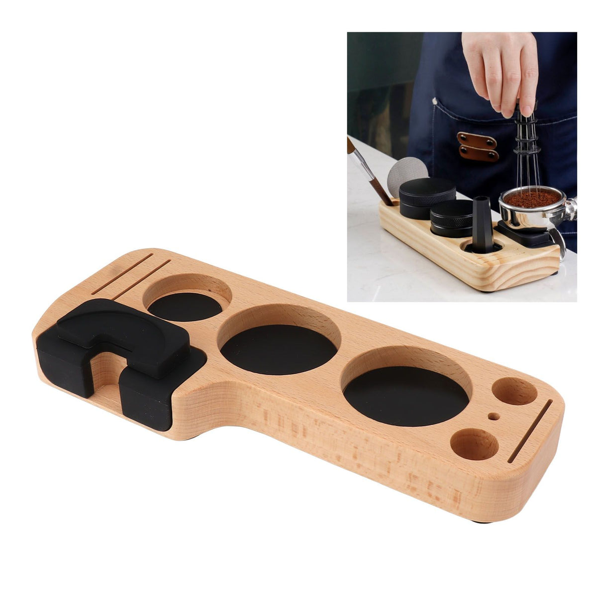 Coffee Tamping Station Beech Comfortable Grip Coffee Filter Tamper Holder with Pads for Coffee Making 58mm/2.3in