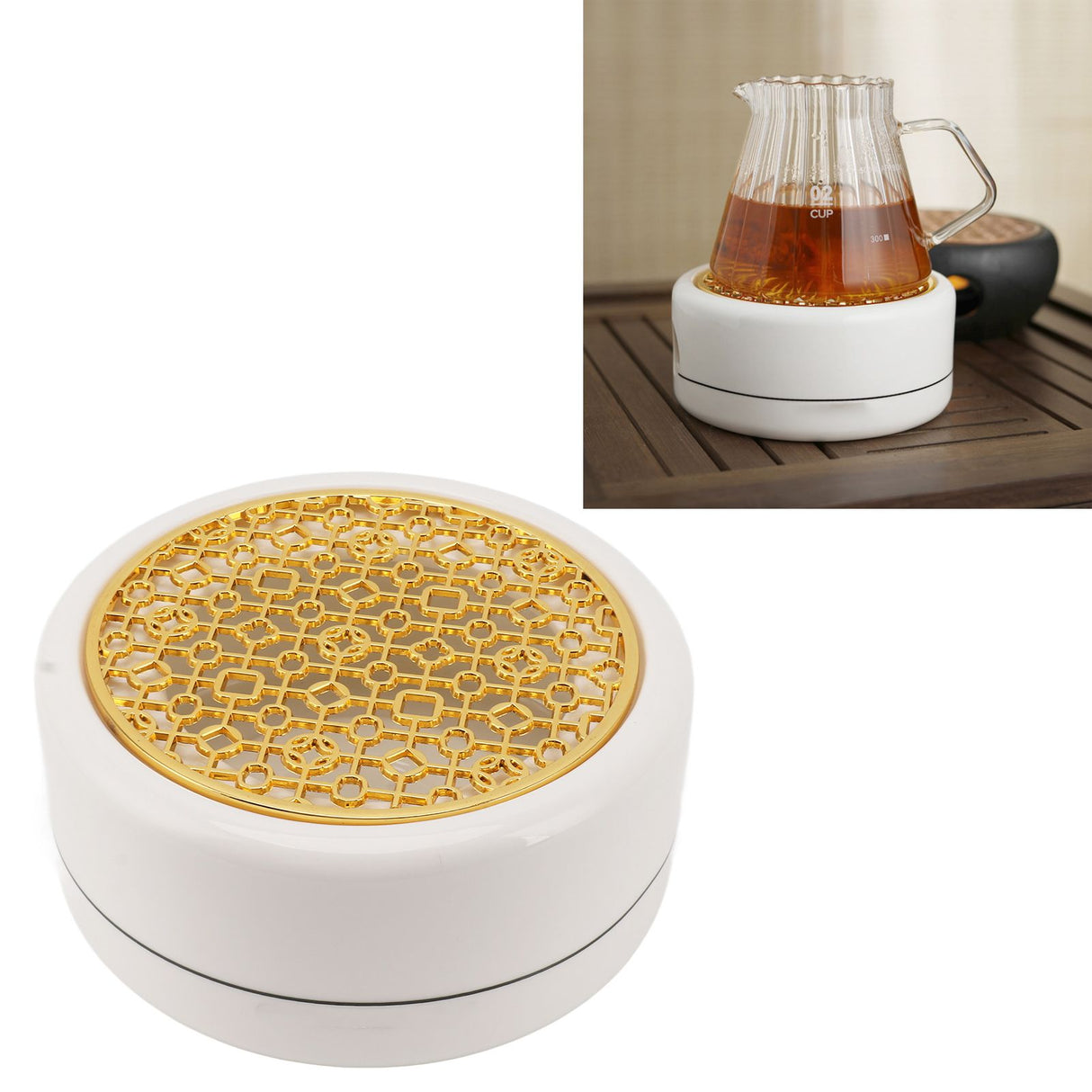 Ceramic Tea Pot Warmer with 11.8cm Gold Gasket Circular Concave Tea Kettle Heating Base for Home Kitchen Countertops