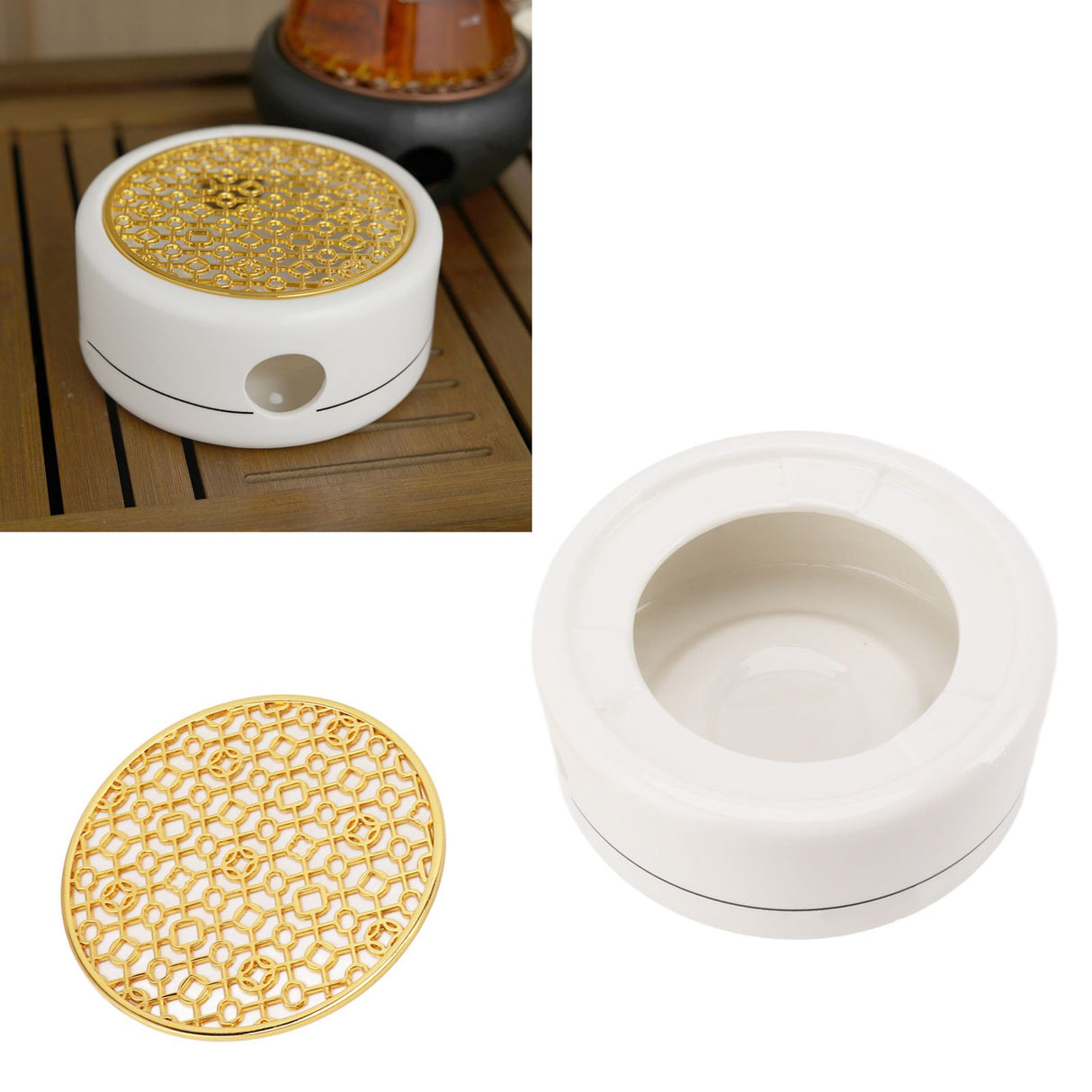 Ceramic Tea Pot Warmer with 11.8cm Gold Gasket Circular Concave Tea Kettle Heating Base for Home Kitchen Countertops