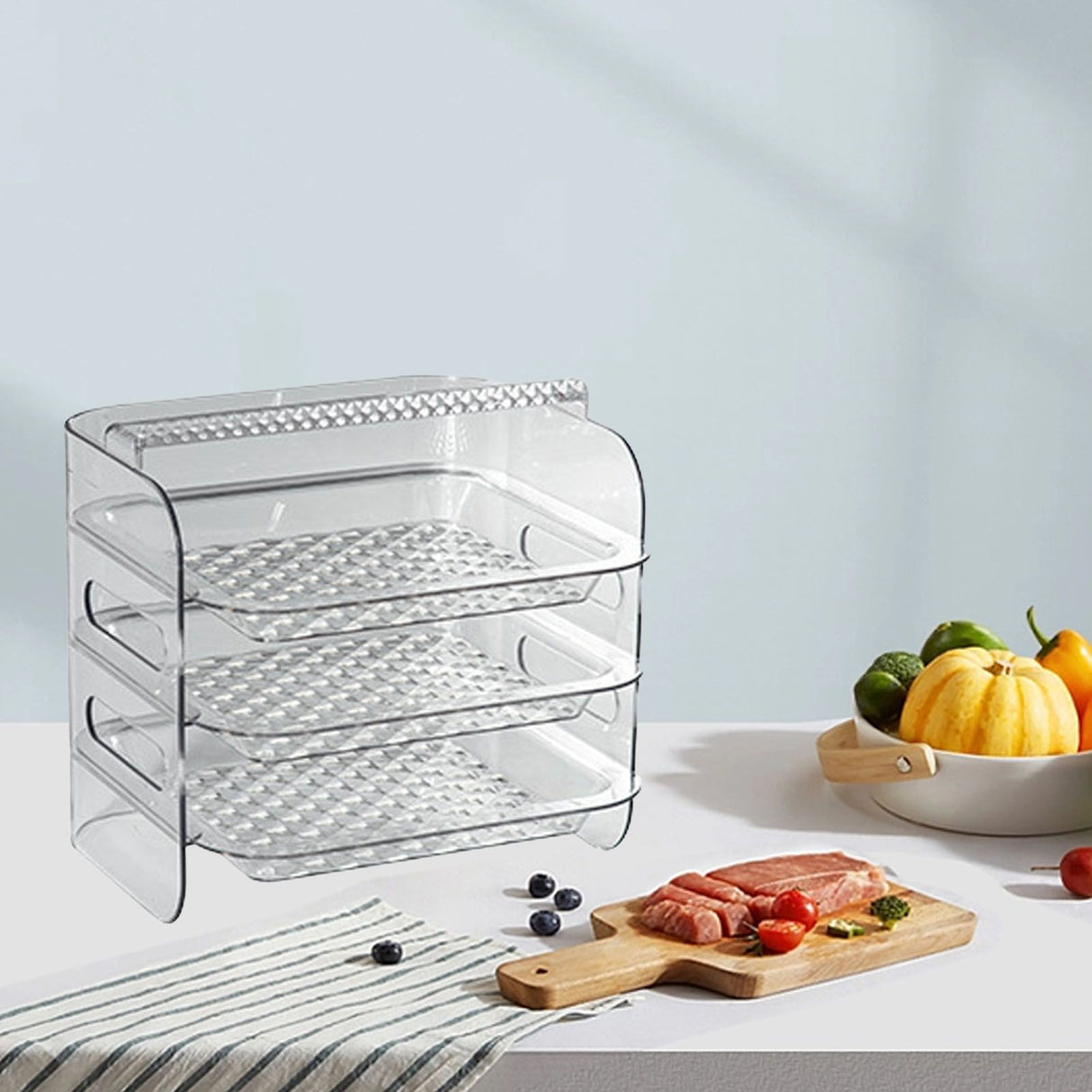 Multi Layer Food Tray Multifunctional Strong Capacity Durable Vegetable Fruit Preparation Plate 3 Layer White