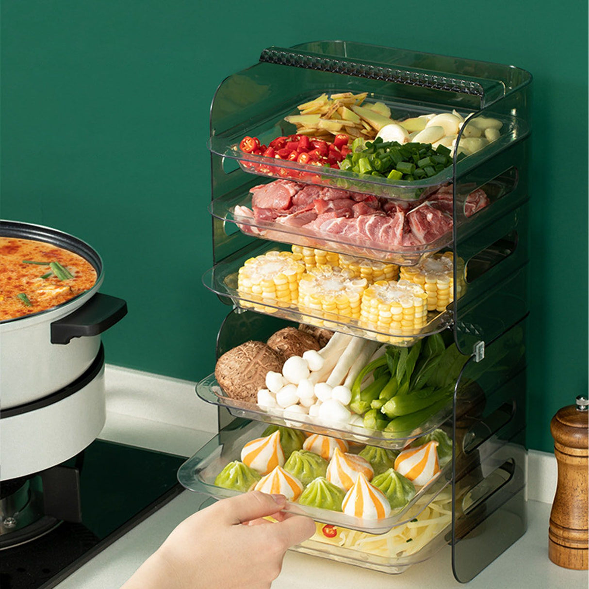 Multi Layer Food Tray Multifunctional Strong Capacity Durable Vegetable Fruit Preparation Plate 6 Layer Green