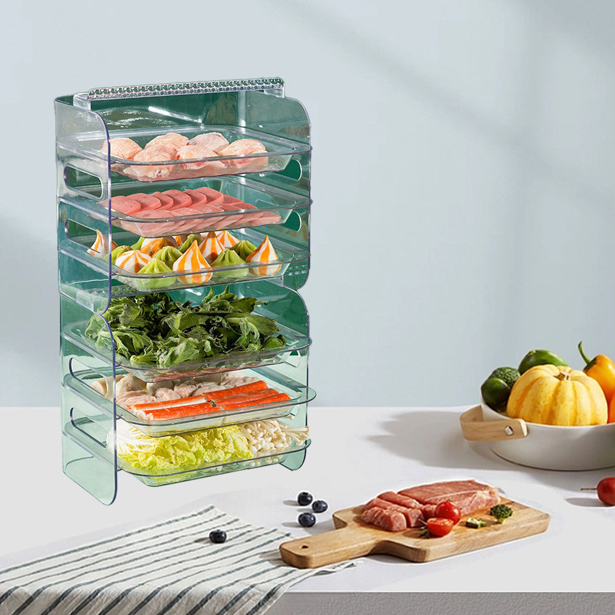 Multi Layer Food Tray Multifunctional Strong Capacity Durable Vegetable Fruit Preparation Plate 6 Layer White