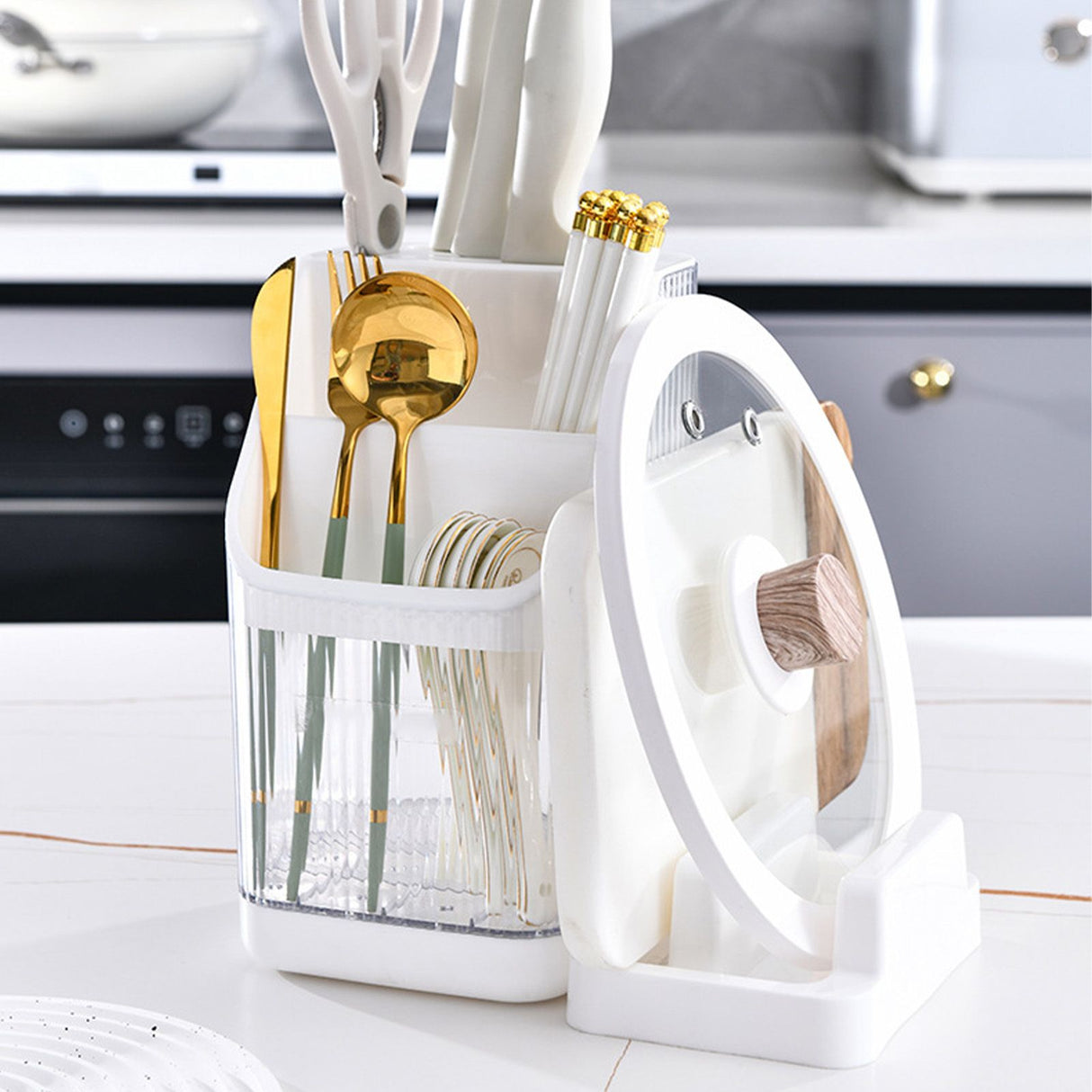 Multifunctional Kitchen Storage Rack Kitchen Countertop Cutting Board Pot Cover Chopsticks Forks Spoons Holder Pearl White
