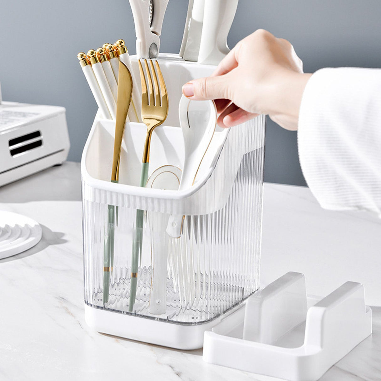 Multifunctional Kitchen Storage Rack Kitchen Countertop Cutting Board Pot Cover Chopsticks Forks Spoons Holder Pearl White