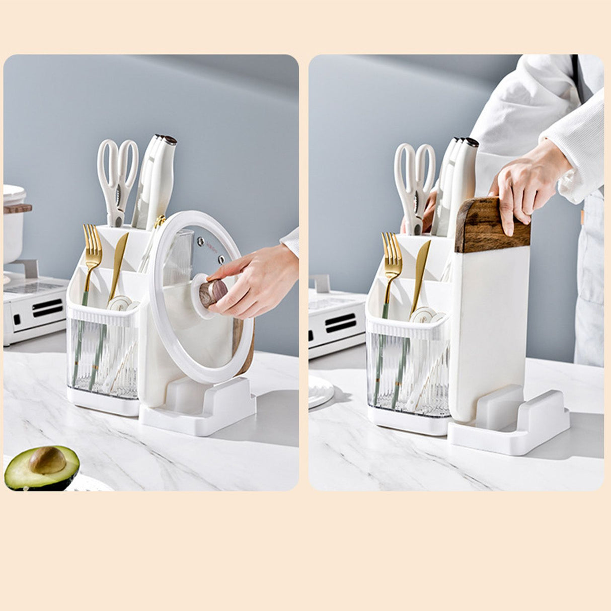 Multifunctional Kitchen Storage Rack Kitchen Countertop Cutting Board Pot Cover Chopsticks Forks Spoons Holder Pearl White