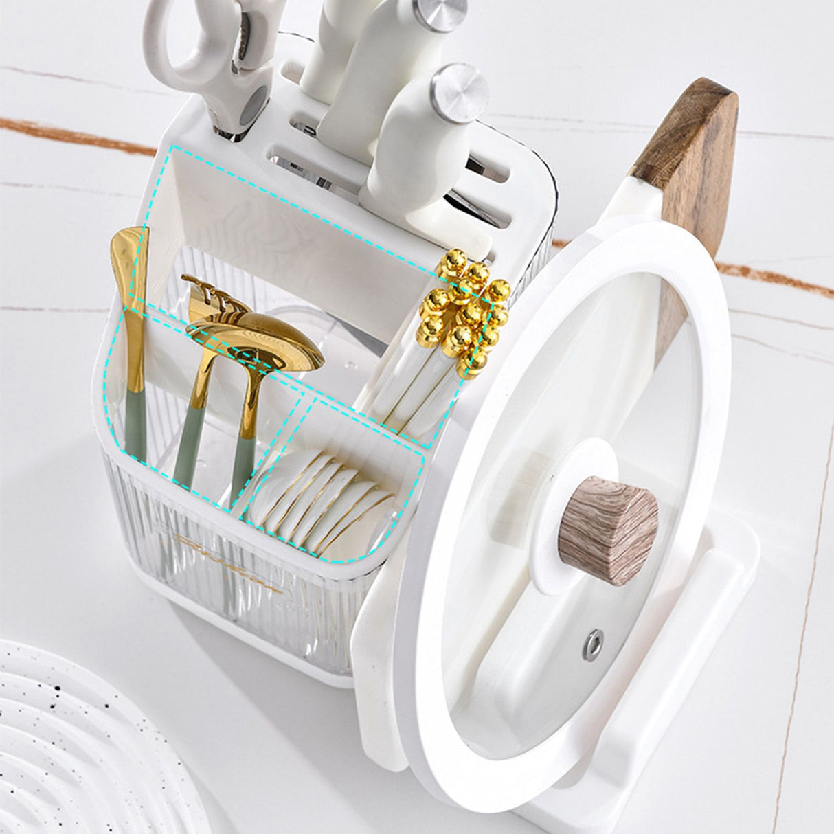 Multifunctional Kitchen Storage Rack Kitchen Countertop Cutting Board Pot Cover Chopsticks Forks Spoons Holder Pearl White