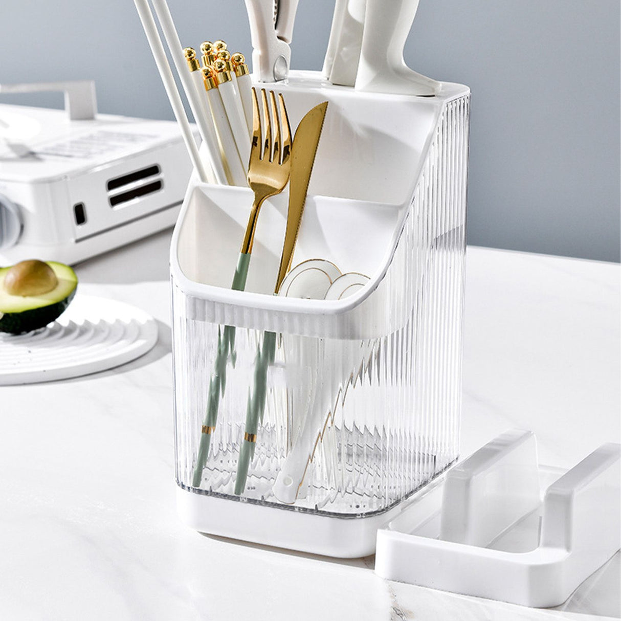 Multifunctional Kitchen Storage Rack Kitchen Countertop Cutting Board Pot Cover Chopsticks Forks Spoons Holder Pearl White