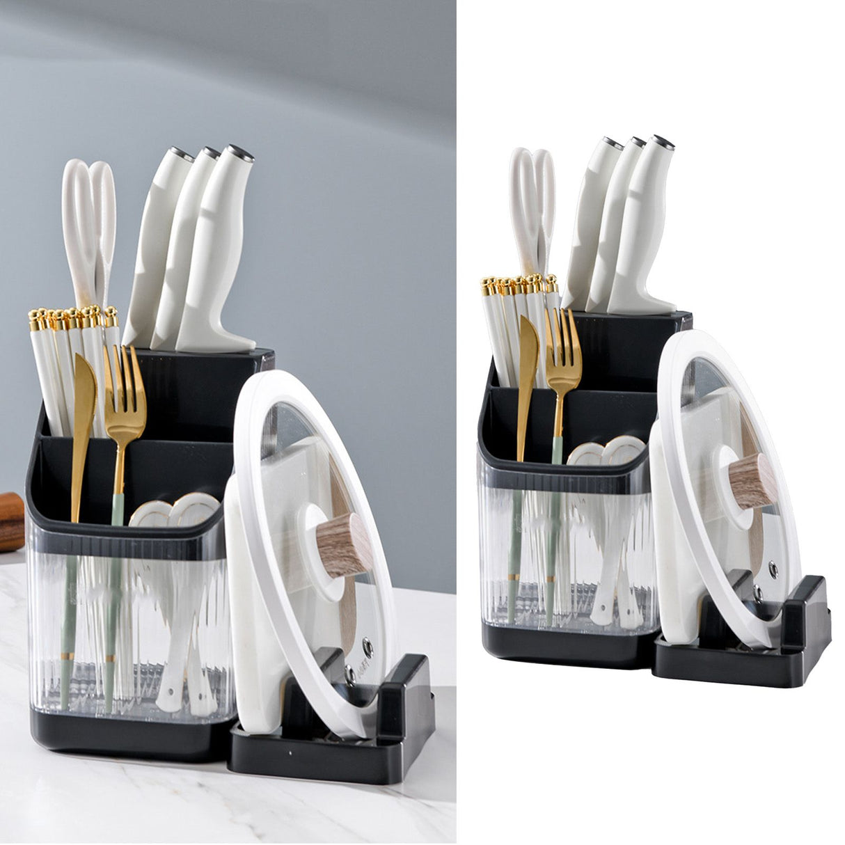Multifunctional Kitchen Storage Rack Kitchen Countertop Cutting Board Pot Cover Chopsticks Forks Spoons Holder Advanced Black