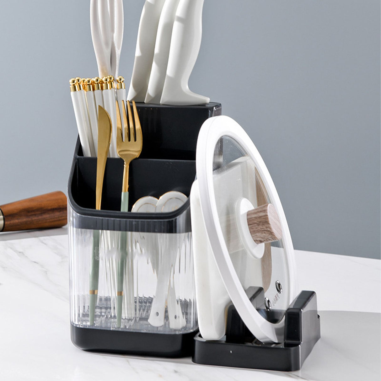Multifunctional Kitchen Storage Rack Kitchen Countertop Cutting Board Pot Cover Chopsticks Forks Spoons Holder Advanced Black