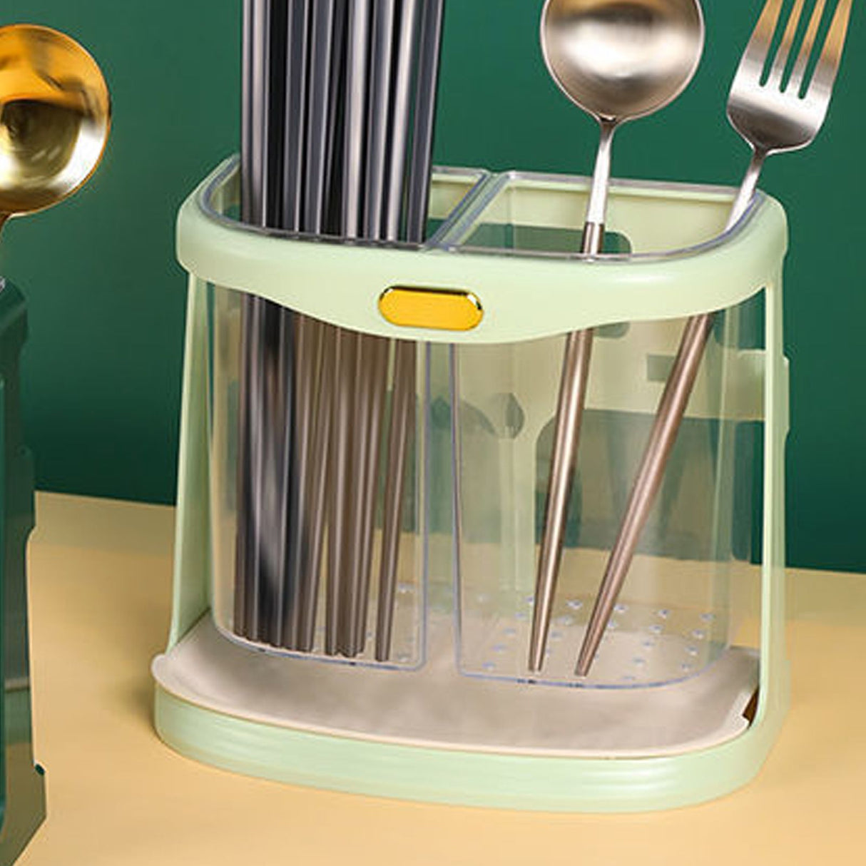 Chopsticks Drain Bucket Wall Mounted Double Compartment Hole Free Chopsticks Tube Basket for Forks Spoon Light Green