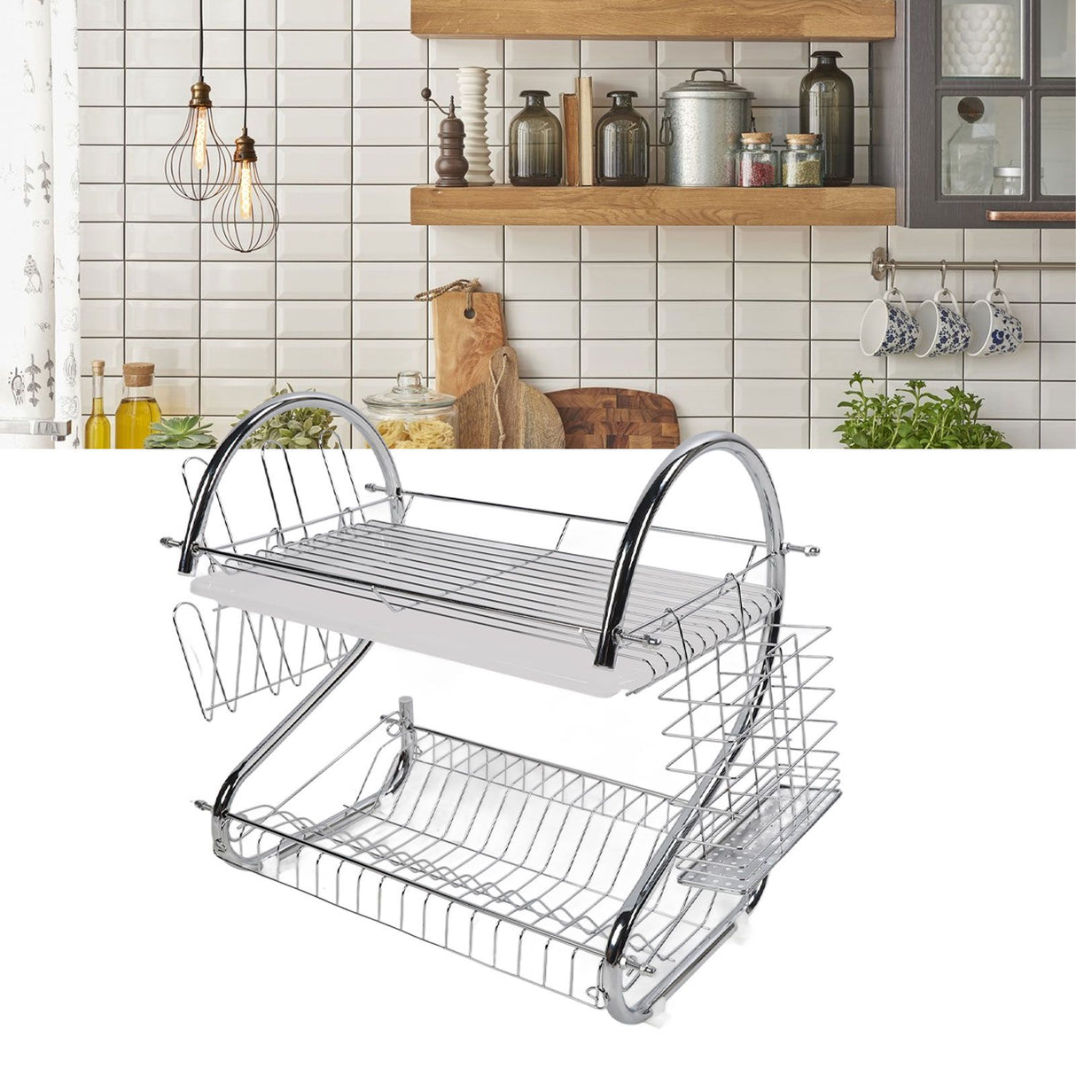 Dish Rack 2 Tier Bowl Dish Drainer Neat Organization Rust Prevention Kitchen Drying Rack Water Cup Style