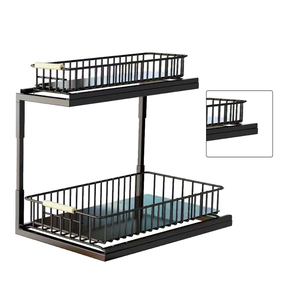 Under Sink Cabinet Shelf Multifunctional Slide Out Double Layer Spice Drawer Storage Sink Shelf for Bathroom Kitchen Black