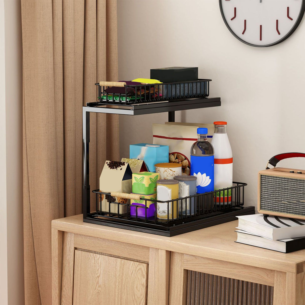 Under Sink Cabinet Shelf Multifunctional Slide Out Double Layer Spice Drawer Storage Sink Shelf for Bathroom Kitchen Black