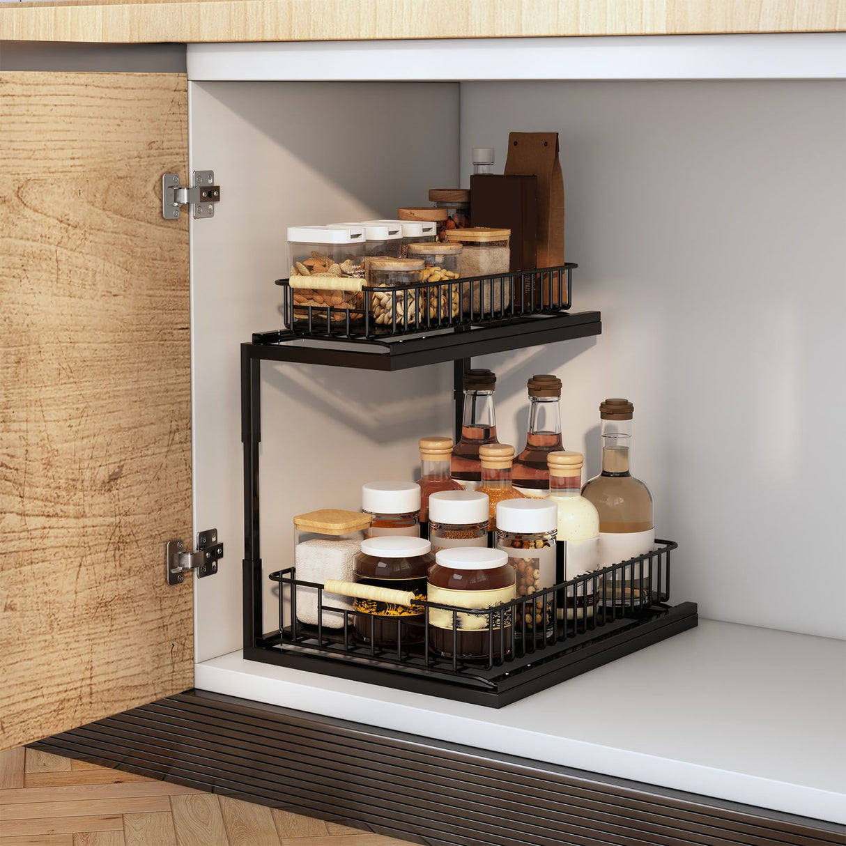 Under Sink Cabinet Shelf Multifunctional Slide Out Double Layer Spice Drawer Storage Sink Shelf for Bathroom Kitchen Black