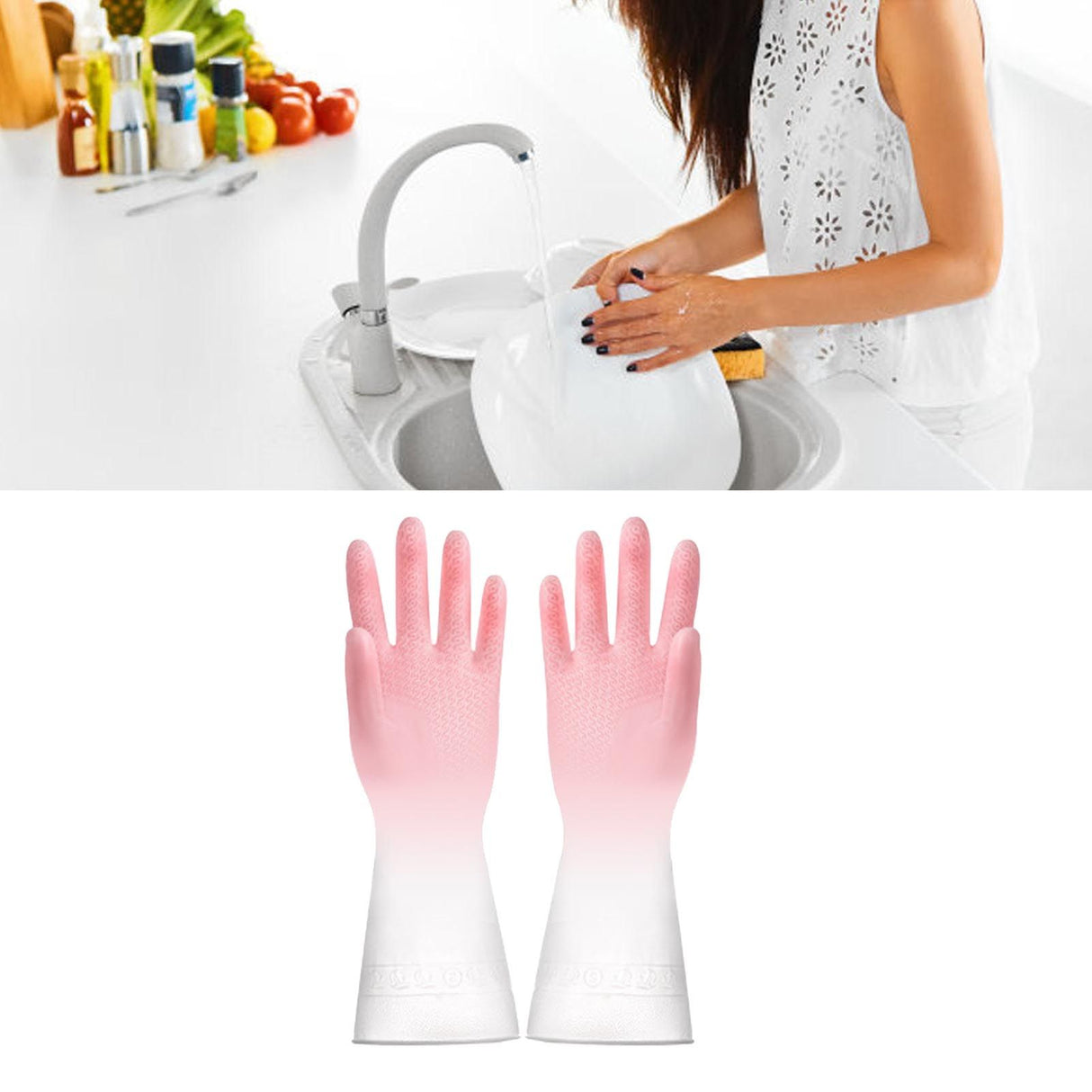 Kitchen Gloves Reusable Tight Fit Multifunctional Dishwashing Cleaning Waterproof Durable Household Gloves Pink