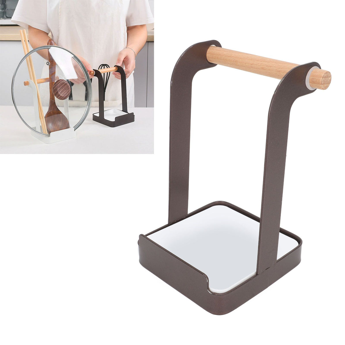 Pot Lid Holder Rack Multifunction Prevent Slip Iron Basin Wood Rack Cooking Tool Spatula Stand Kitchen Organizer Coffee