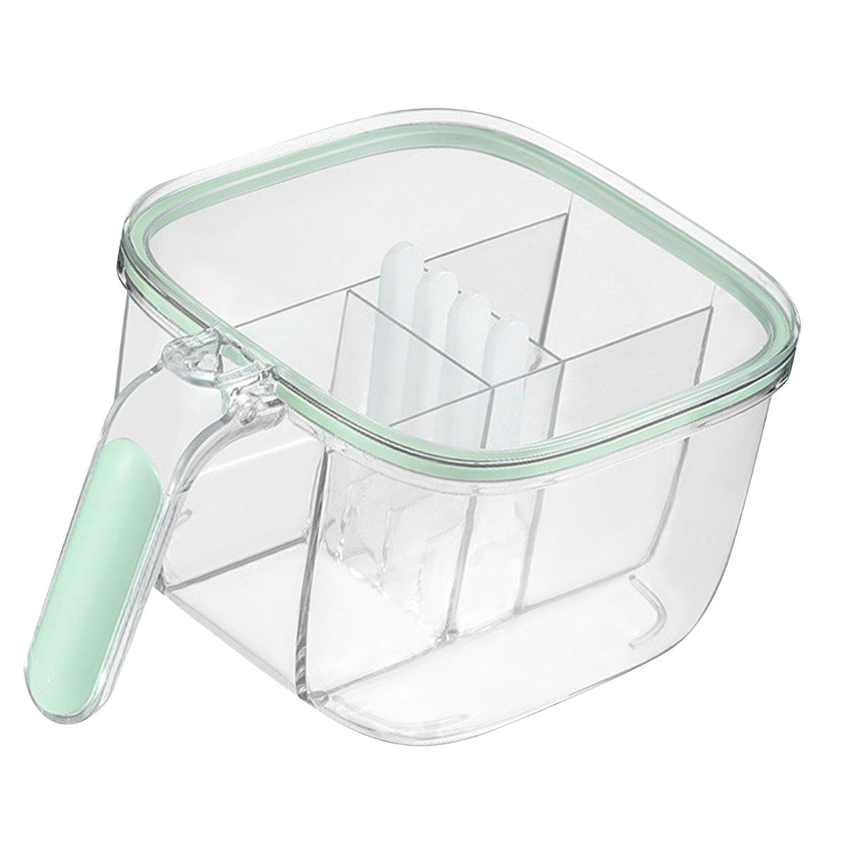 Seasoning Box 4 Compartments Transparent Window Strong PET Seasoning Jar with 4 Spoons for Home Kitchen Cooking Light Green
