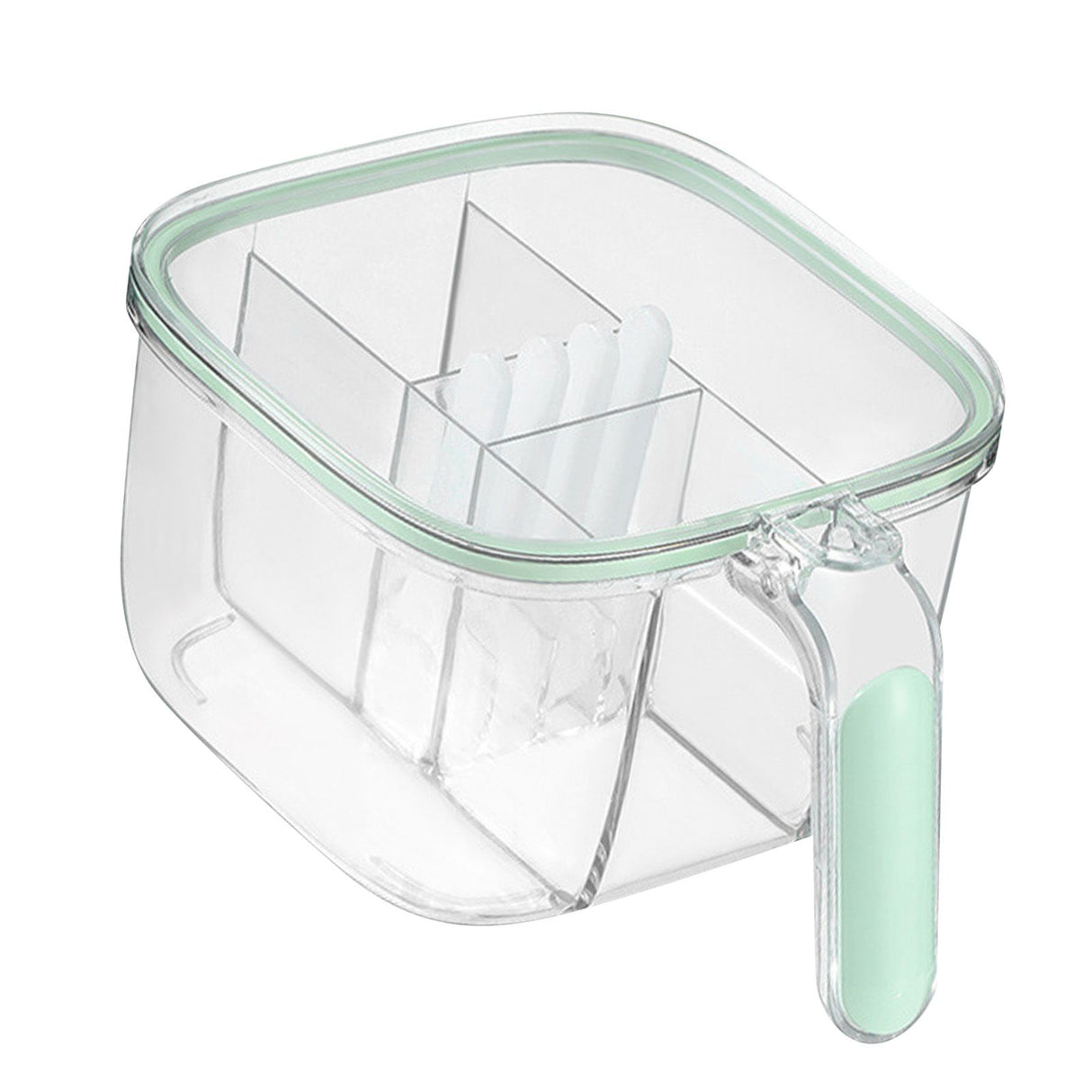 Seasoning Box 4 Compartments Transparent Window Strong PET Seasoning Jar with 4 Spoons for Home Kitchen Cooking Light Green