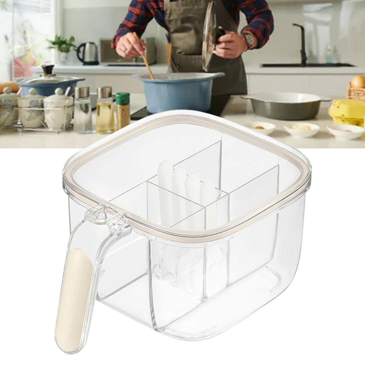 Seasoning Box 4 Compartments Transparent Window Strong PET Seasoning Jar with 4 Spoons for Home Kitchen Cooking Milk Yellow