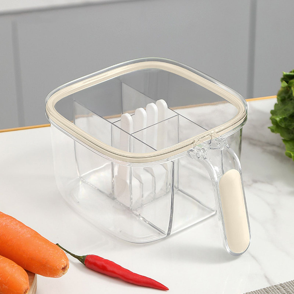 Seasoning Box 4 Compartments Transparent Window Strong PET Seasoning Jar with 4 Spoons for Home Kitchen Cooking Milk Yellow