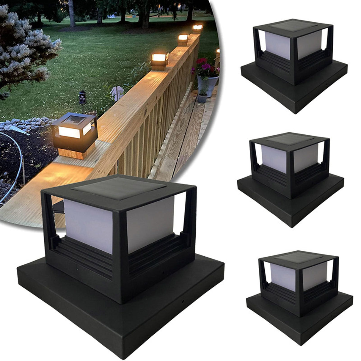 Square Outdoor Fence Post Cap Light Solar Post Light LED Landscape Lighting for Household Garden Courtyard Fence Dual Color Light Black