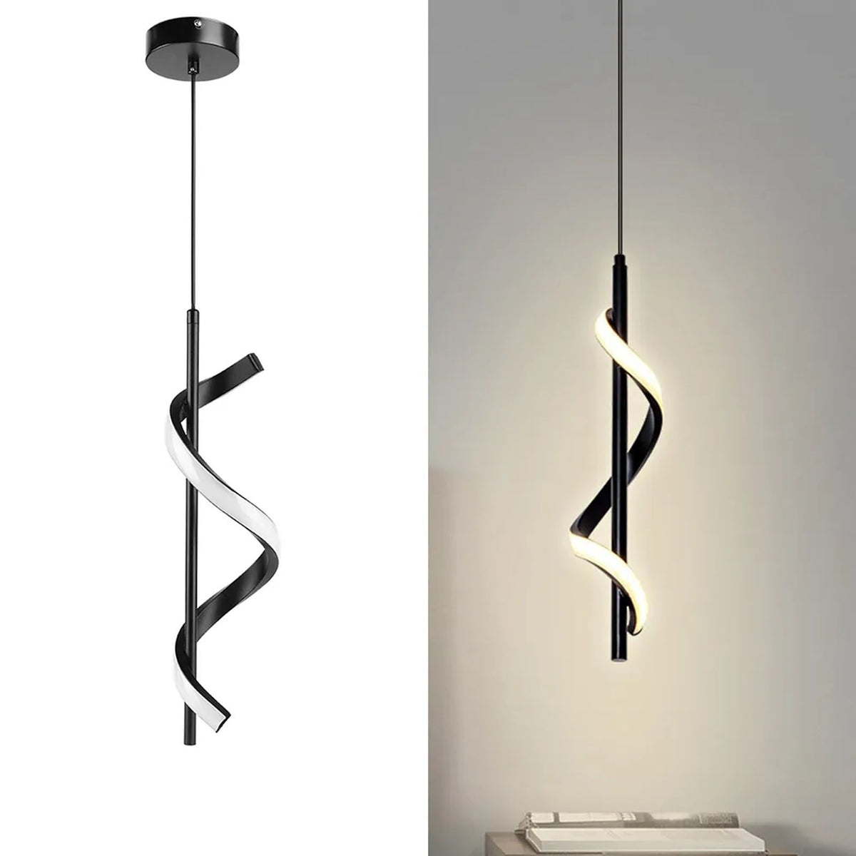 Spiral LED Pendant Light Black Glareless Bright Eyes Protection LED Hanging Lamp for Living Room Cafe Family 85‑265V Warm Light