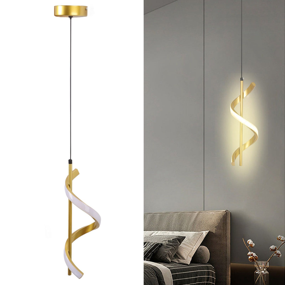 Spiral LED Pendant Light Gold Color High Brightness Eyes Protection LED Hanging Lamp for Living Room Cafe Family 85‑265V Warm Light